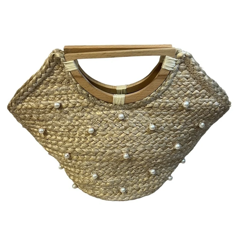 SHIRALEAH Chicago 100% Jute Wood Handles Pearl Accent Dominica Mini Tote